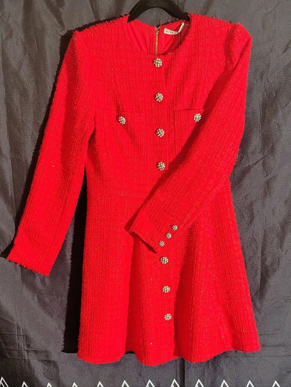 Alice + Olivia Shiloh Red Long-Sleeve Tweed Mini Dress NWT Size 8